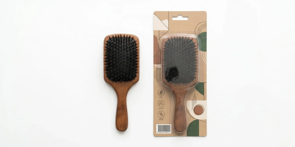 Hair brush golden sample alongside retail packaging showing sample approval and packaging development stages for private label launch