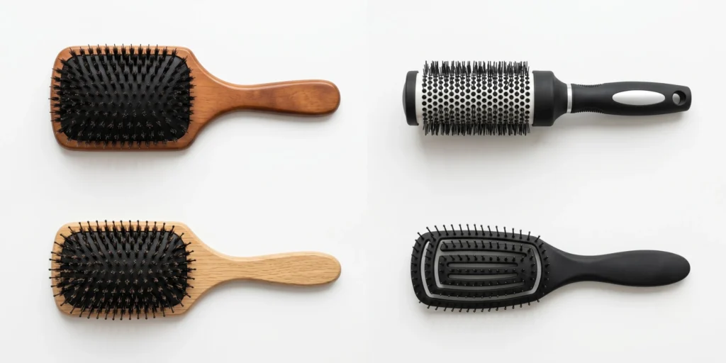 Selection of private label hair brush products showing different bristle types and handle styles for brand development guide