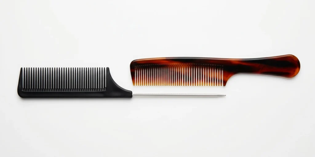 Rat-tail comb and professional styling cutting comb showing precision parting and dual-tooth design for salon use