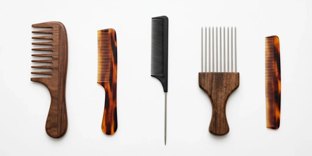 Selection of different hair comb types including wide-tooth comb fine-tooth comb rat-tail comb and afro pick arranged for comparison