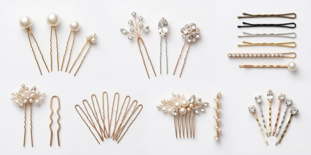 Wedding updo hair pin types including bobby pins, U-pins and decorative pearl pins