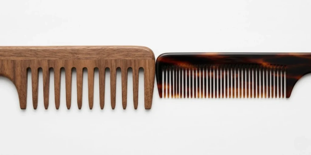 Wide-tooth comb and fine-tooth comb shown side by side illustrating tooth spacing difference for different hair types