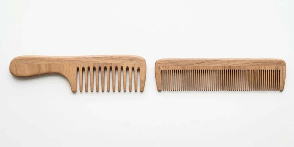 Wide tooth comb and fine tooth comb placed side by side showing tooth spacing difference for hair type comparison