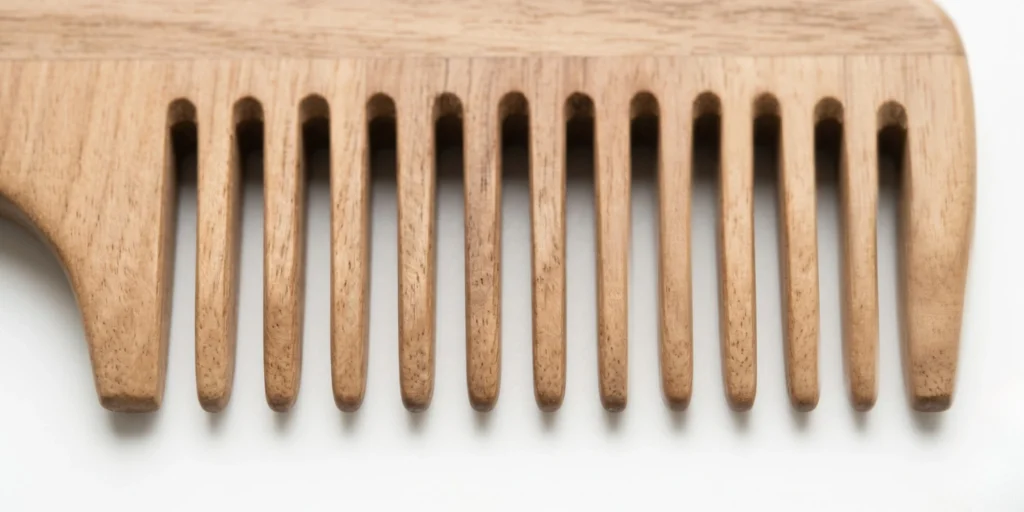 Wide tooth comb shown as recommended tool for wet hair detangling and curly hair care