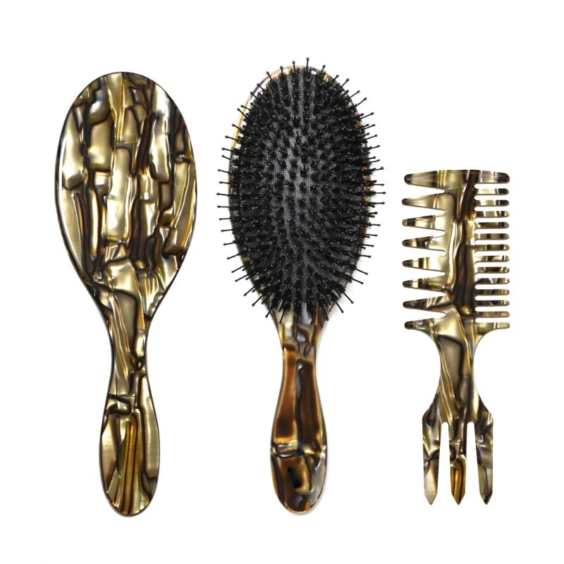 Metallic Golden Tortoiseshell Paddle Brush & 3-in-1 Styling Comb Set - Image 4