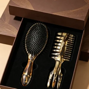 Metallic Golden Tortoiseshell Paddle Brush & 3-in-1 Styling Comb Set
