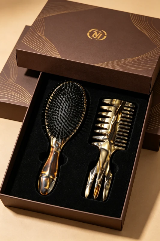 Metallic Golden Tortoiseshell Paddle Brush & 3-in-1 Styling Comb Set