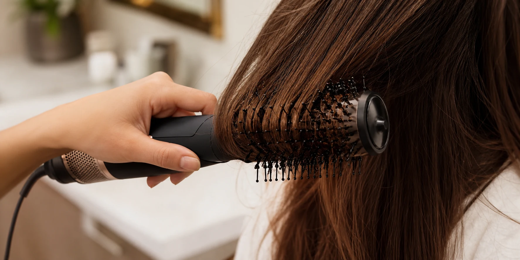 One hand using a blow dryer brush to style hair with a single tool