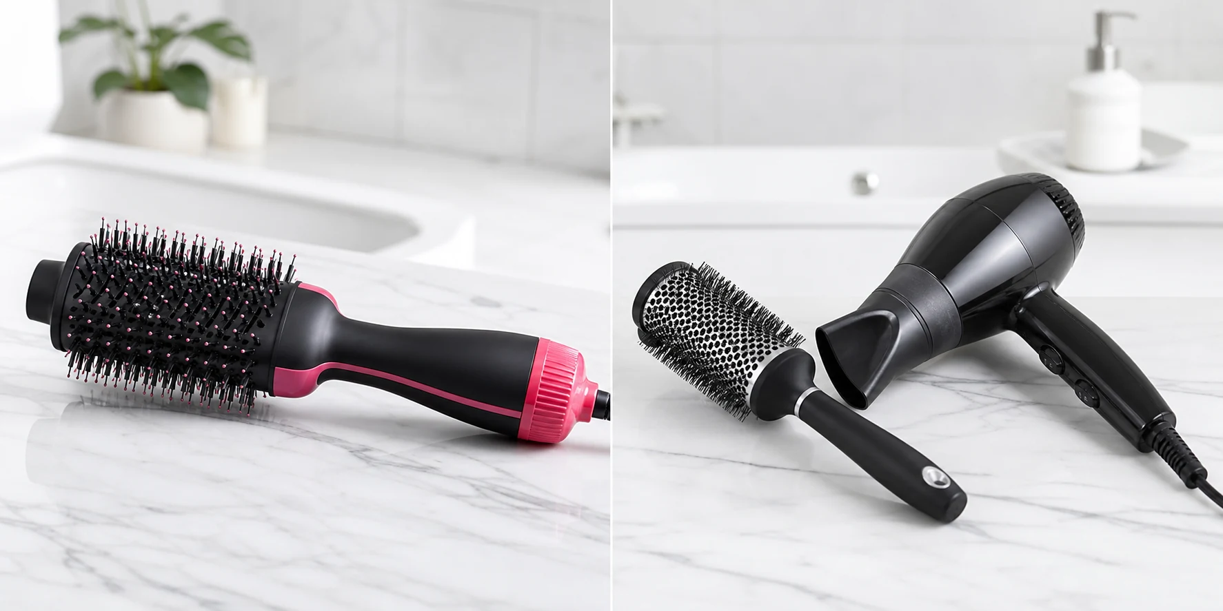 Blow dryer brush and round brush with separate hair dryer displayed side by side on a bathroom counter