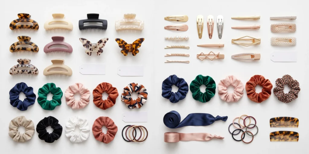 Hair accessories samples arranged for manufacturer qualification and sample evaluation stage of China sourcing process
