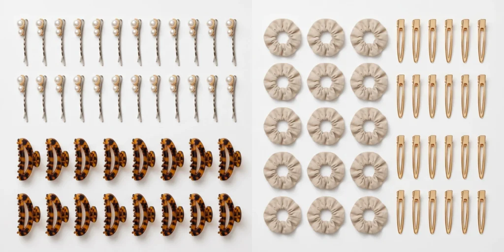 Hair accessories production samples arranged for pre-shipment inspection representing quality control stage of OEM sourcing