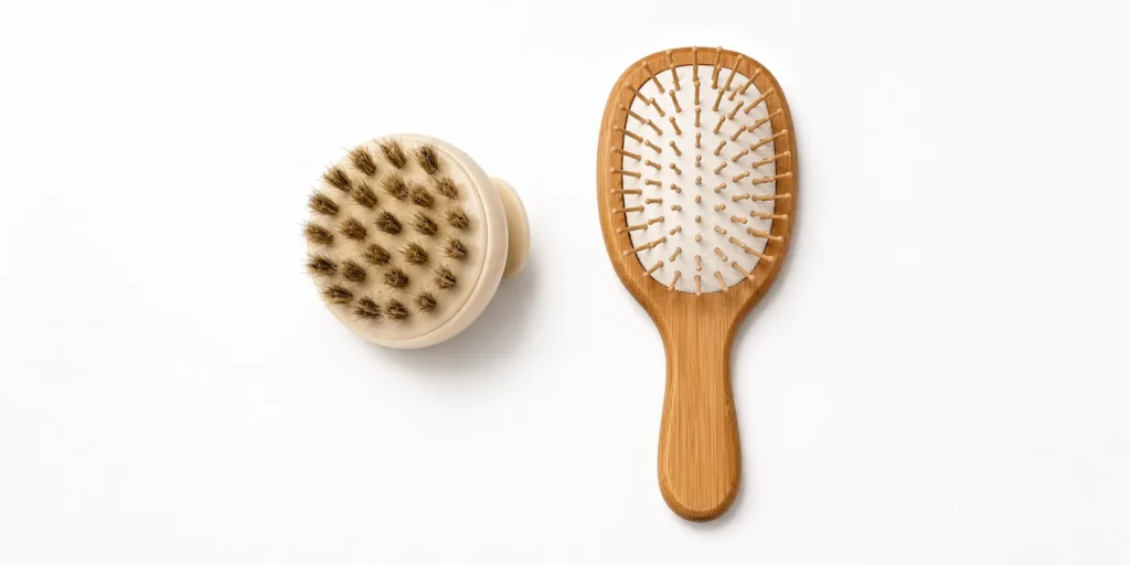 Natural bristle hair brush representing scalp health and dandruff hygiene considerations