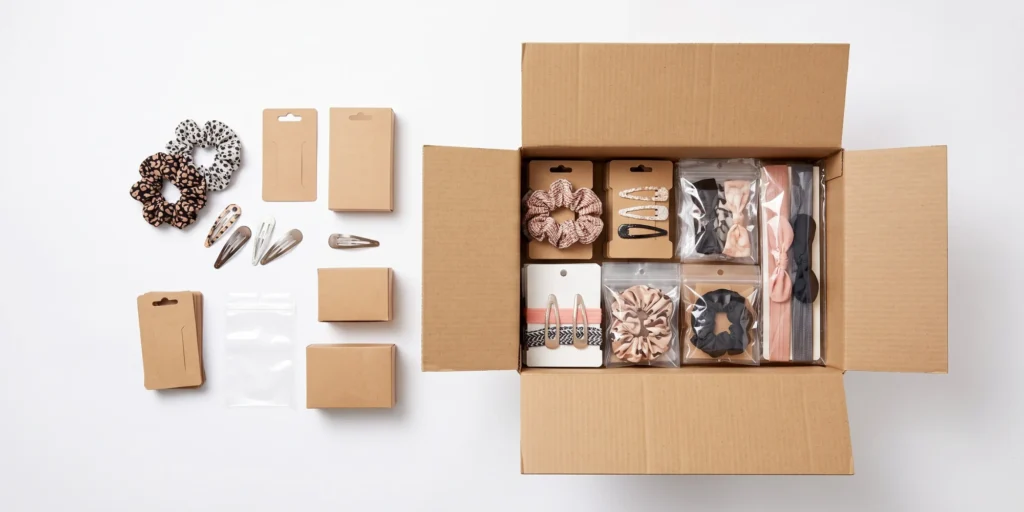 Hair accessories in retail packaging arranged with inner carton showing shipping and packaging configuration for China sourcing