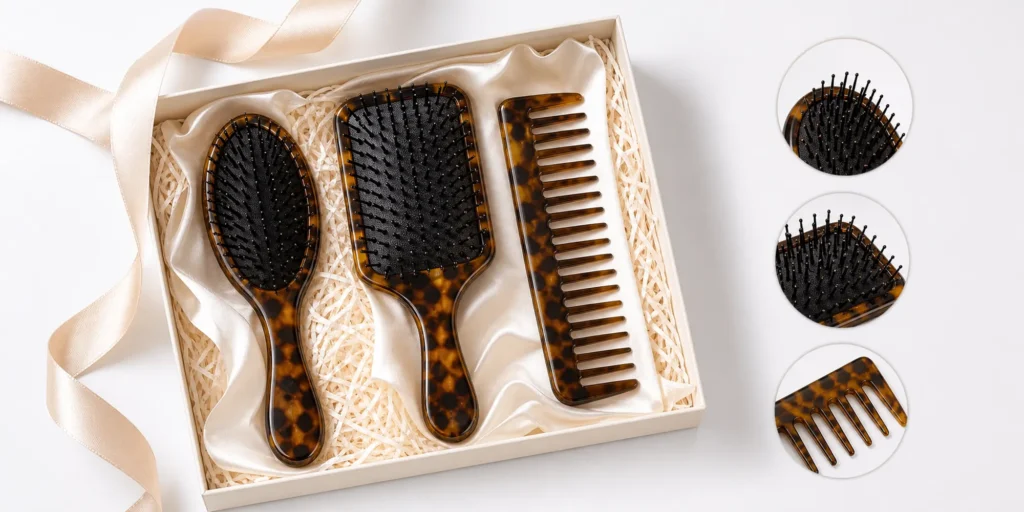 Curated hair brush set bundle with detangling brush paddle brush and comb representing hair-type-matched routine packaging