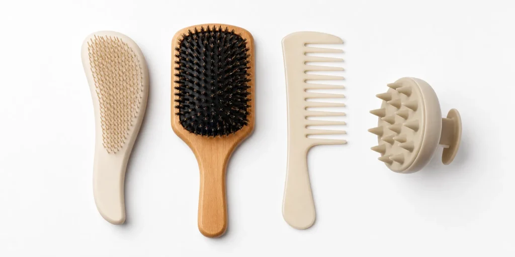 Set of hair care tools including detangling brush boar bristle brush wide-tooth comb and scalp brush representing hair cycling routine system