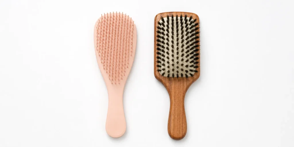 Flexible detangling brush for wet hair and boar bristle brush for dry hair shown as the two essential hair cycling tools