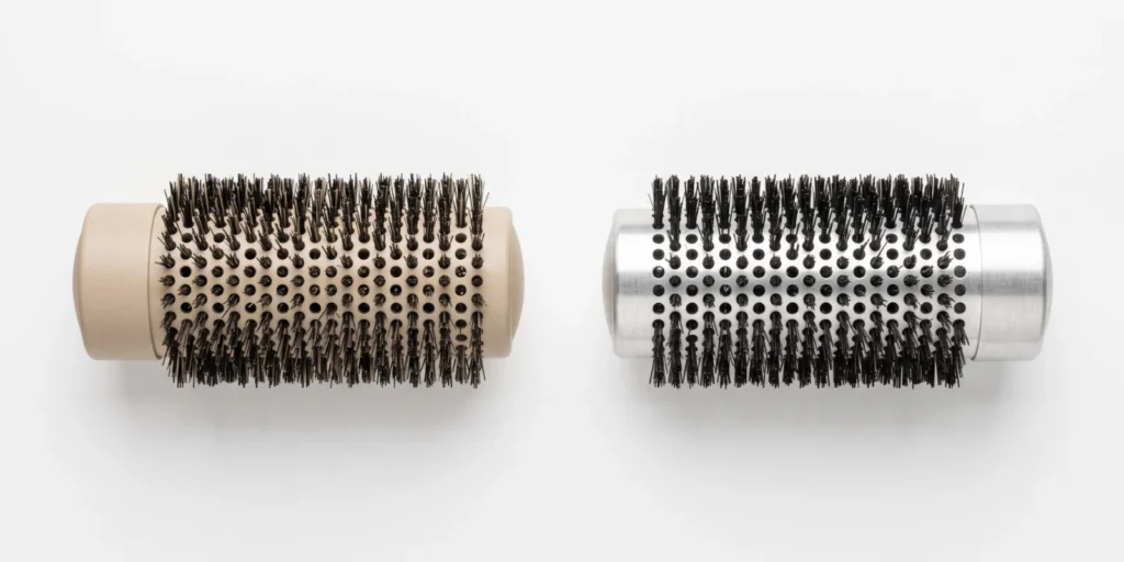 Ceramic barrel and aluminum barrel round brushes shown side by side for heat-resistant material comparison