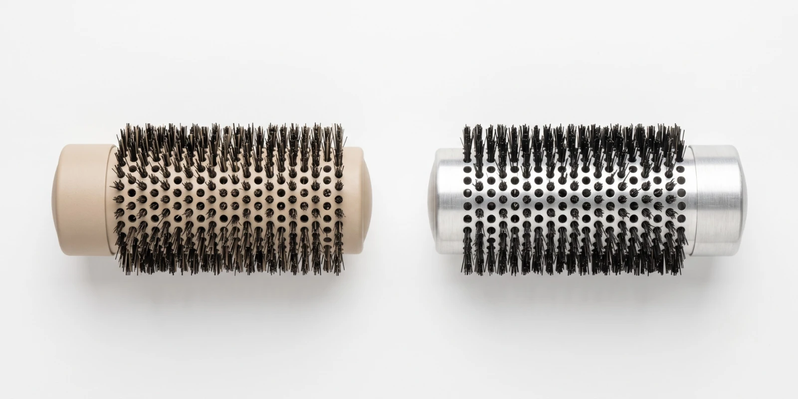Ceramic-coated barrel beside an aluminium barrel for round hair brushes