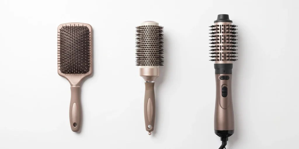 Three types of ionic hair brushes including paddle brush ionic round brush and hot air brush shown for category comparison