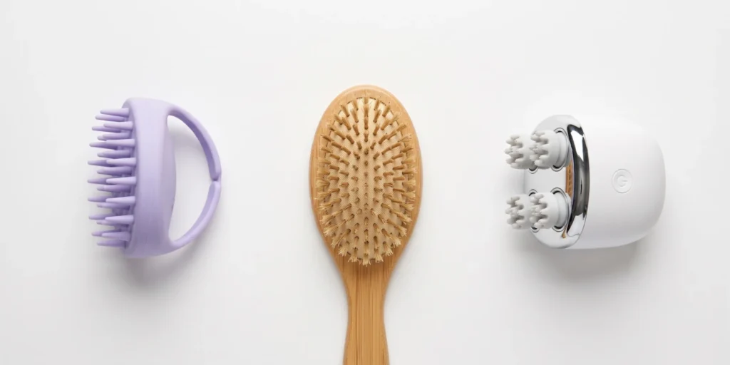 Selection of scalp brushes representing correct use technique for daily scalp massage and cleansing routine