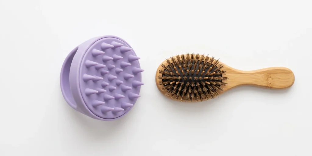 Silicone scalp brush and natural bristle scalp brush arranged for scalp care routine and mechanical benefit comparison