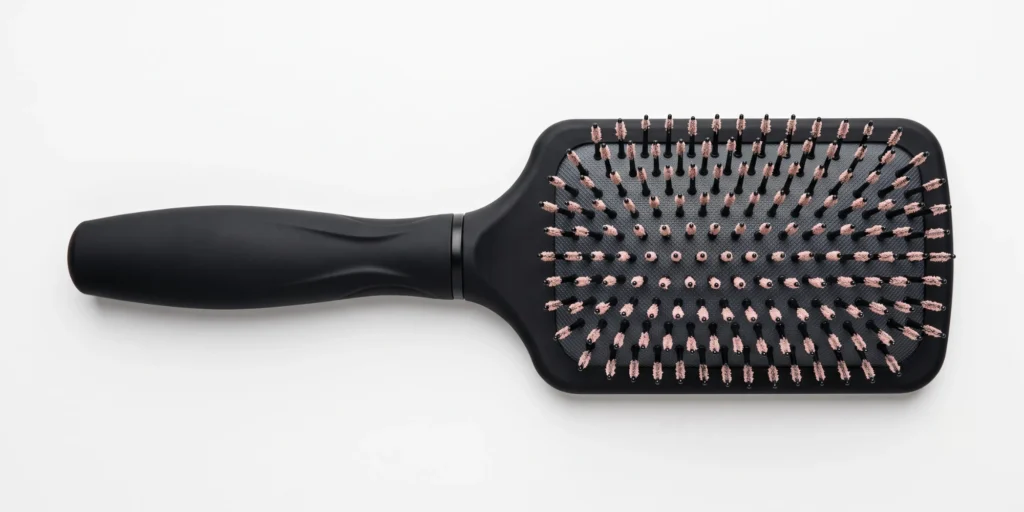 Ionic hair brush with tourmaline-infused bristles and ceramic plate representing anti-static and shine enhancement technology