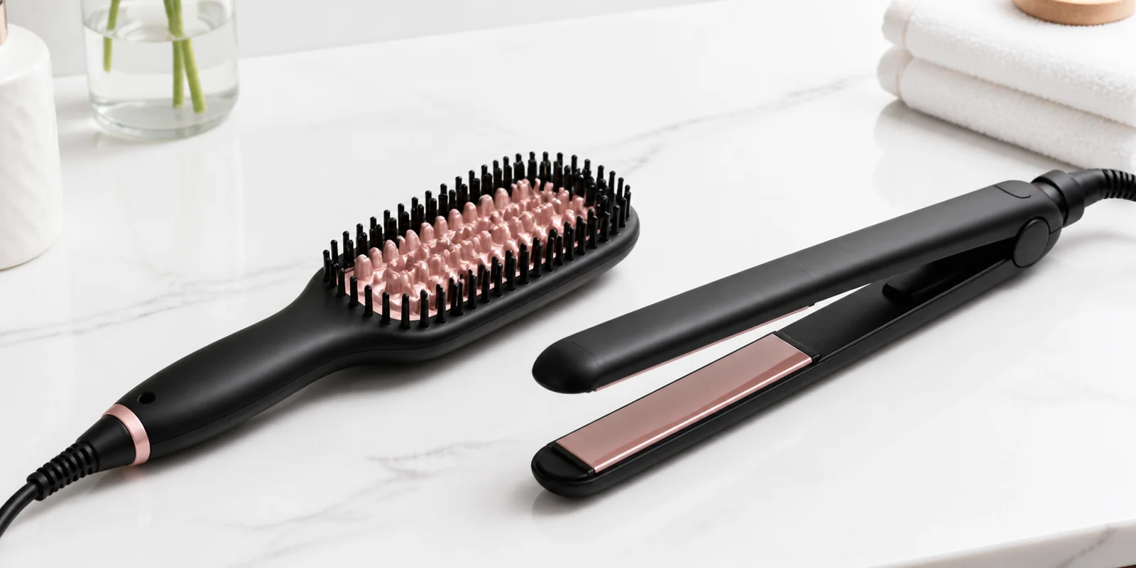 Heated straightener brush with ceramic plate and bristle teeth shown for hair damage comparison guide