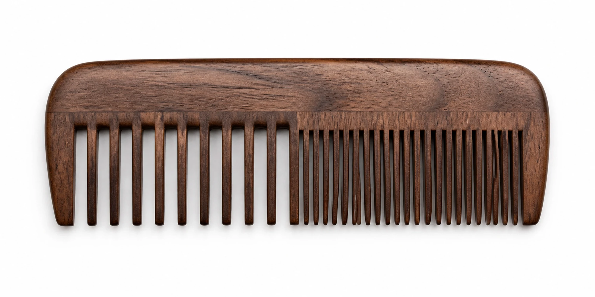 Wooden beard comb with dual tooth density shown for detangling and precision beard shaping