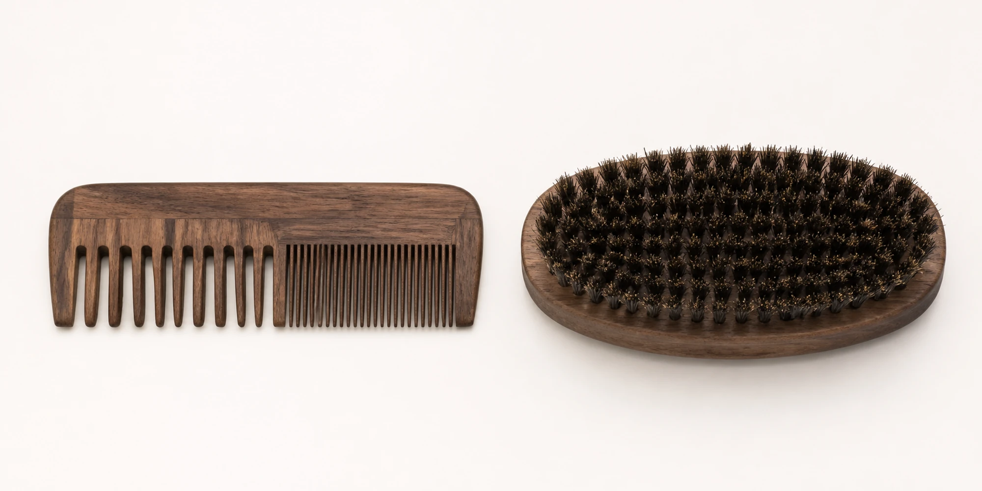 Wooden beard comb and boar bristle beard brush displayed side by side for men's grooming tool comparison