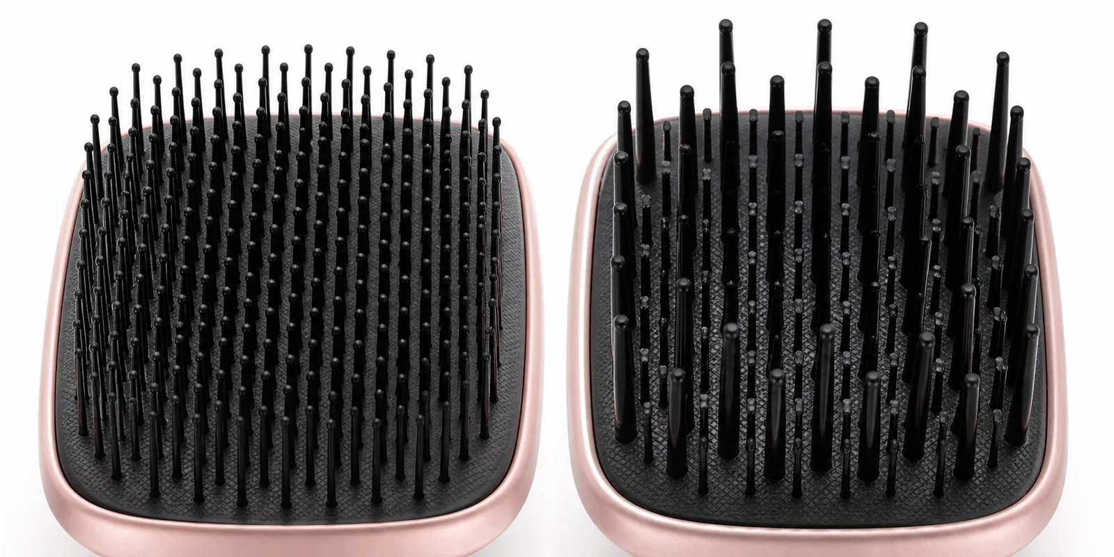 Close-up comparison of uniform flexible detangling pins and two-tier detangling teeth showing bristle construction differences