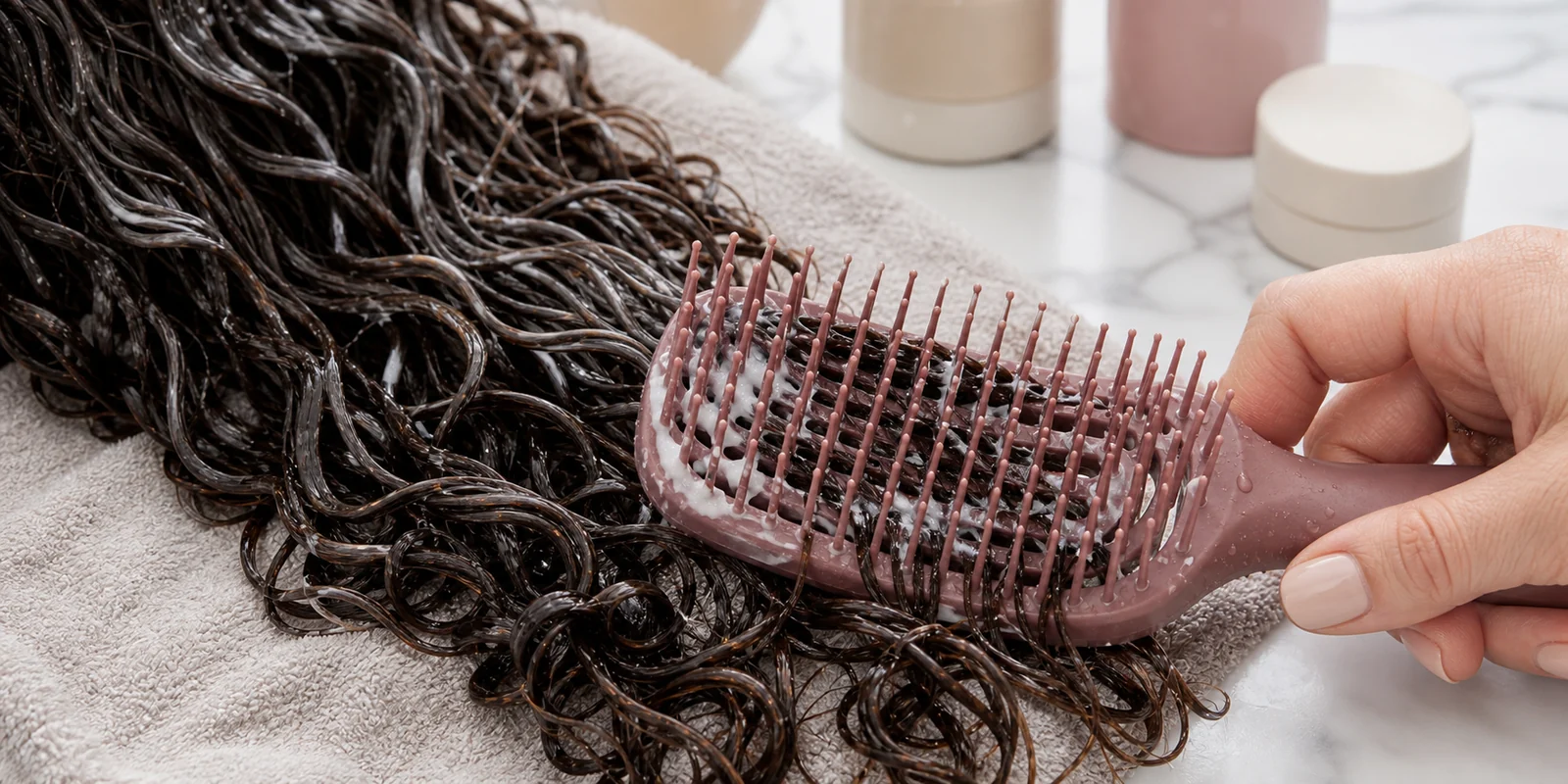 Flexible detangling brush used on wet curly hair during wash-day detangling routine