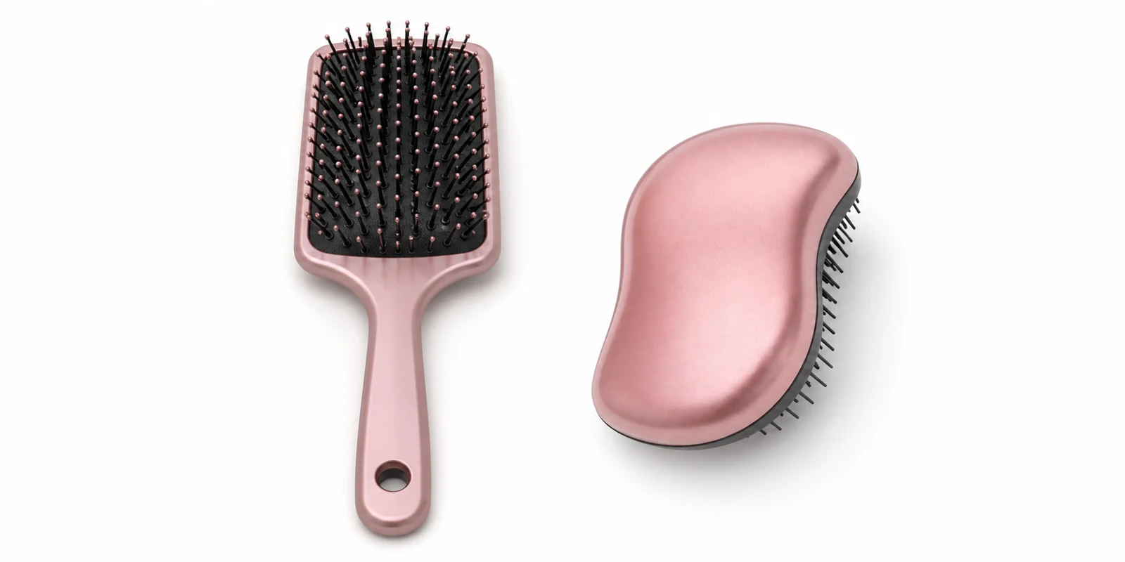 Handled detangling brush and handleless palm-grip detangling brush shown side by side illustrating grip design differences