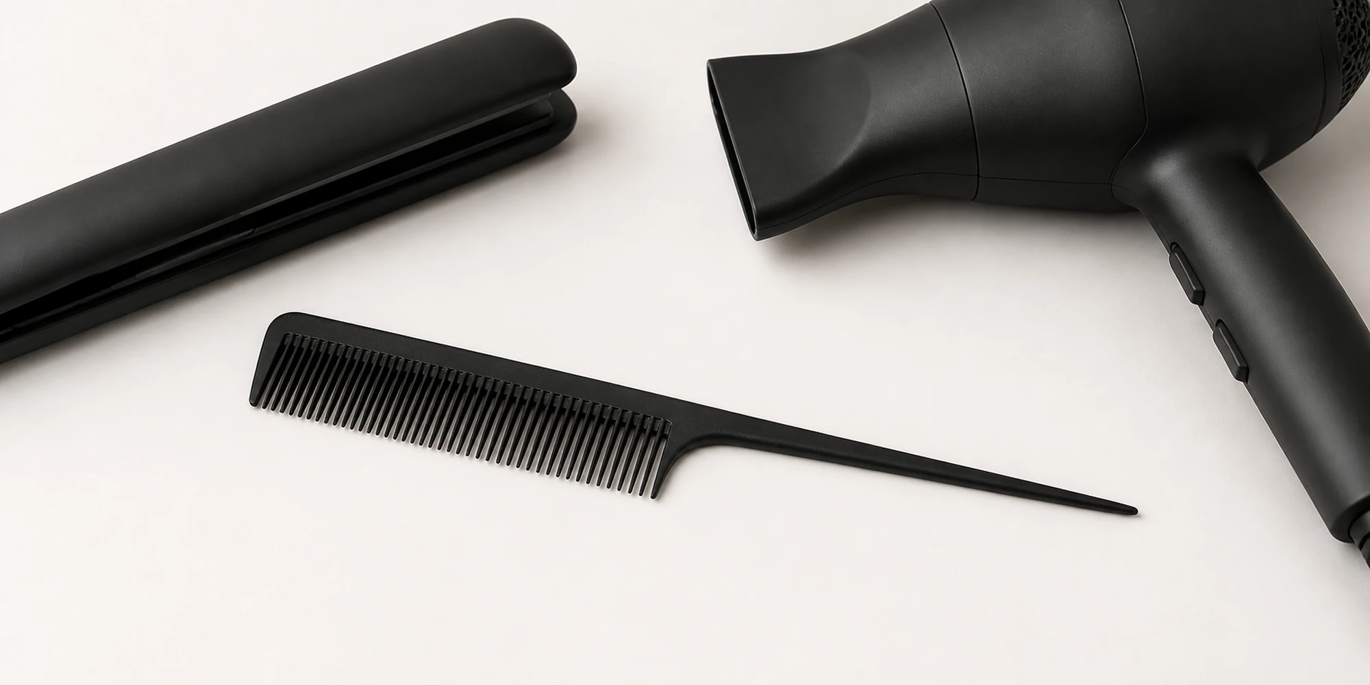 Heat-resistant carbon fiber comb shown near styling tools representing professional heat-adjacent use case