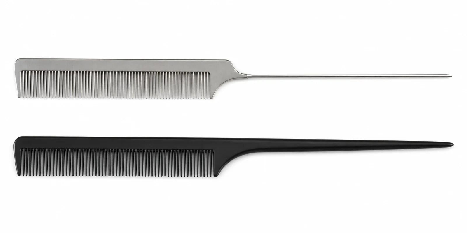Metal tail comb and plastic tail comb displayed side by side showing pin tail and rat tail comb naming comparison