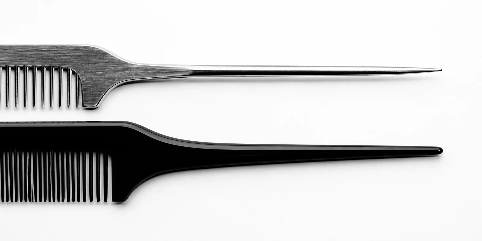Close-up comparison of metal and plastic comb tail materials showing thickness and taper differences