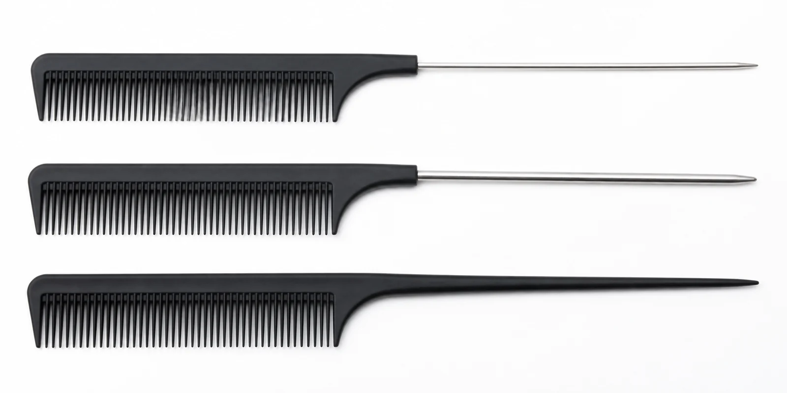 Range of rat tail and pin tail combs in different tail materials and gauges for professional and consumer use