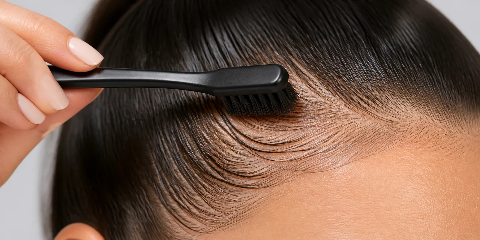 Slick back brush used to smooth hairline edges and flyaways for a sleek styling finish