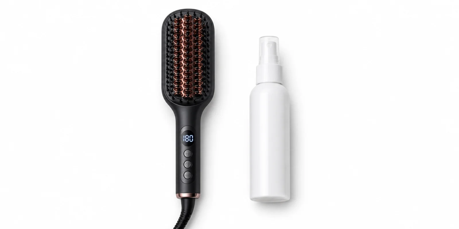 Straightener brush with digital temperature display alongside heat protectant spray for safe heat styling routine