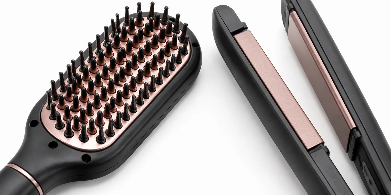 Straightener brush heated bristle bed compared to flat iron flat plates showing different heat contact mechanisms