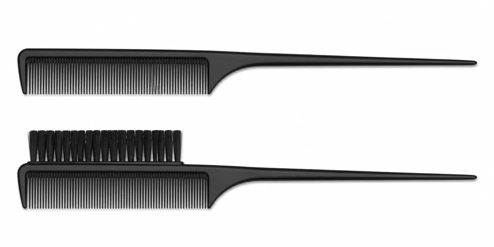 Fine-tooth teasing comb with pointed tail shown for adding root volume to hair without damage