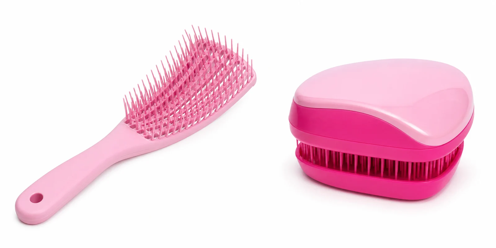 Wet Brush style detangling brush with handle and Tangle Teezer style handleless detangling brush displayed side by side