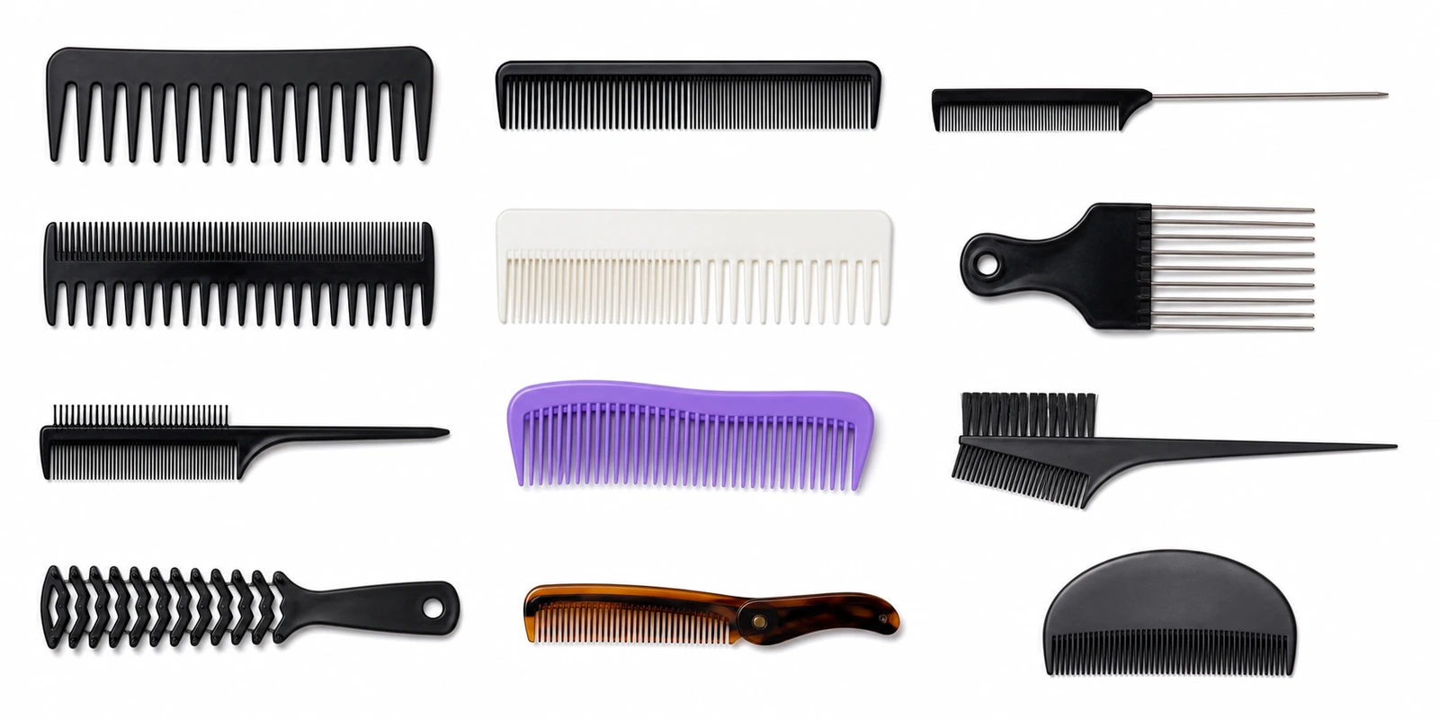 Assortment of 12 professional hair comb types including wide-tooth fine-tooth rat-tail and fade combs for wholesale buyers
