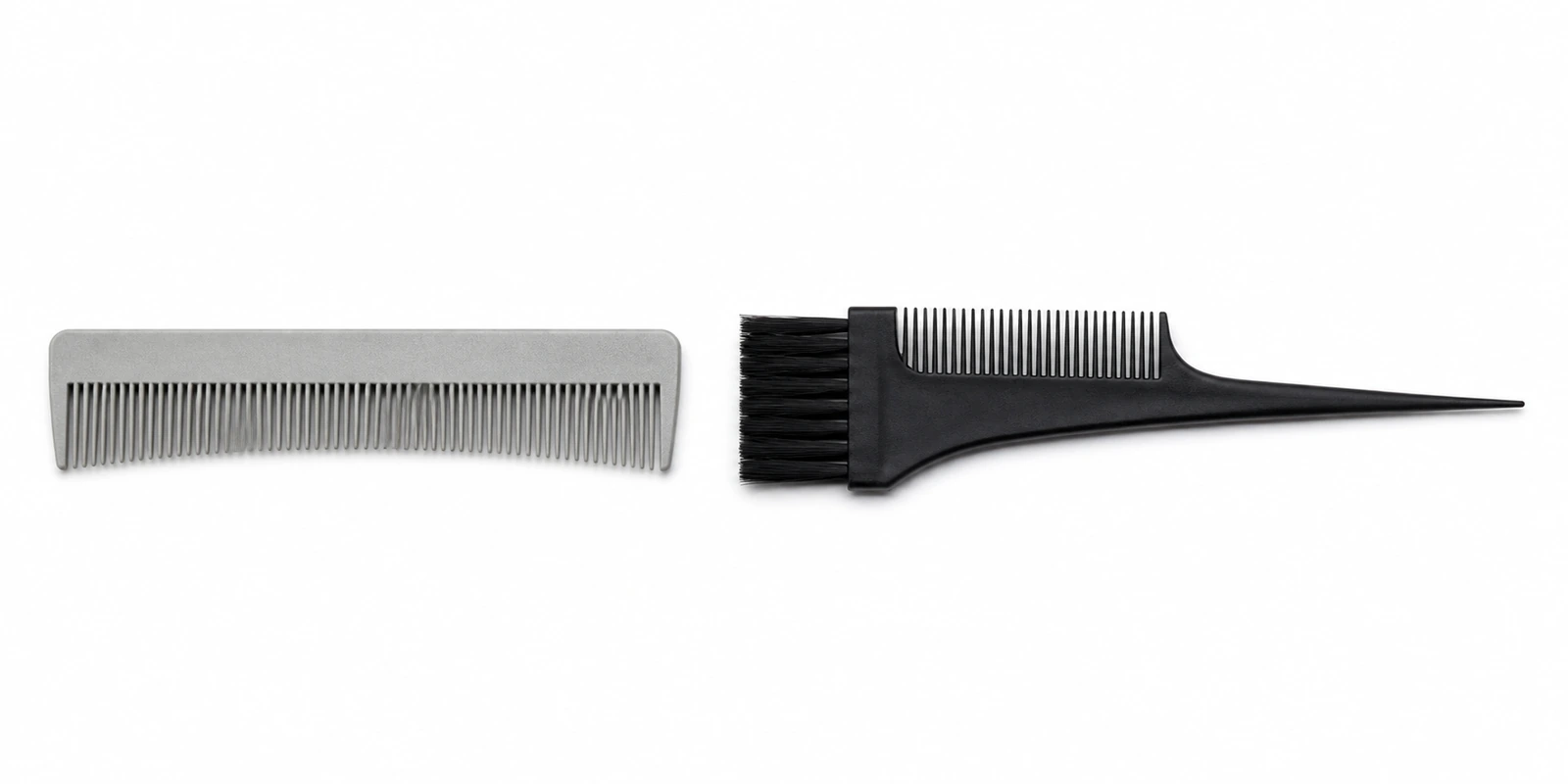 Barber fade comb and tint application comb shown as specialty professional tools for clipper work and colour services