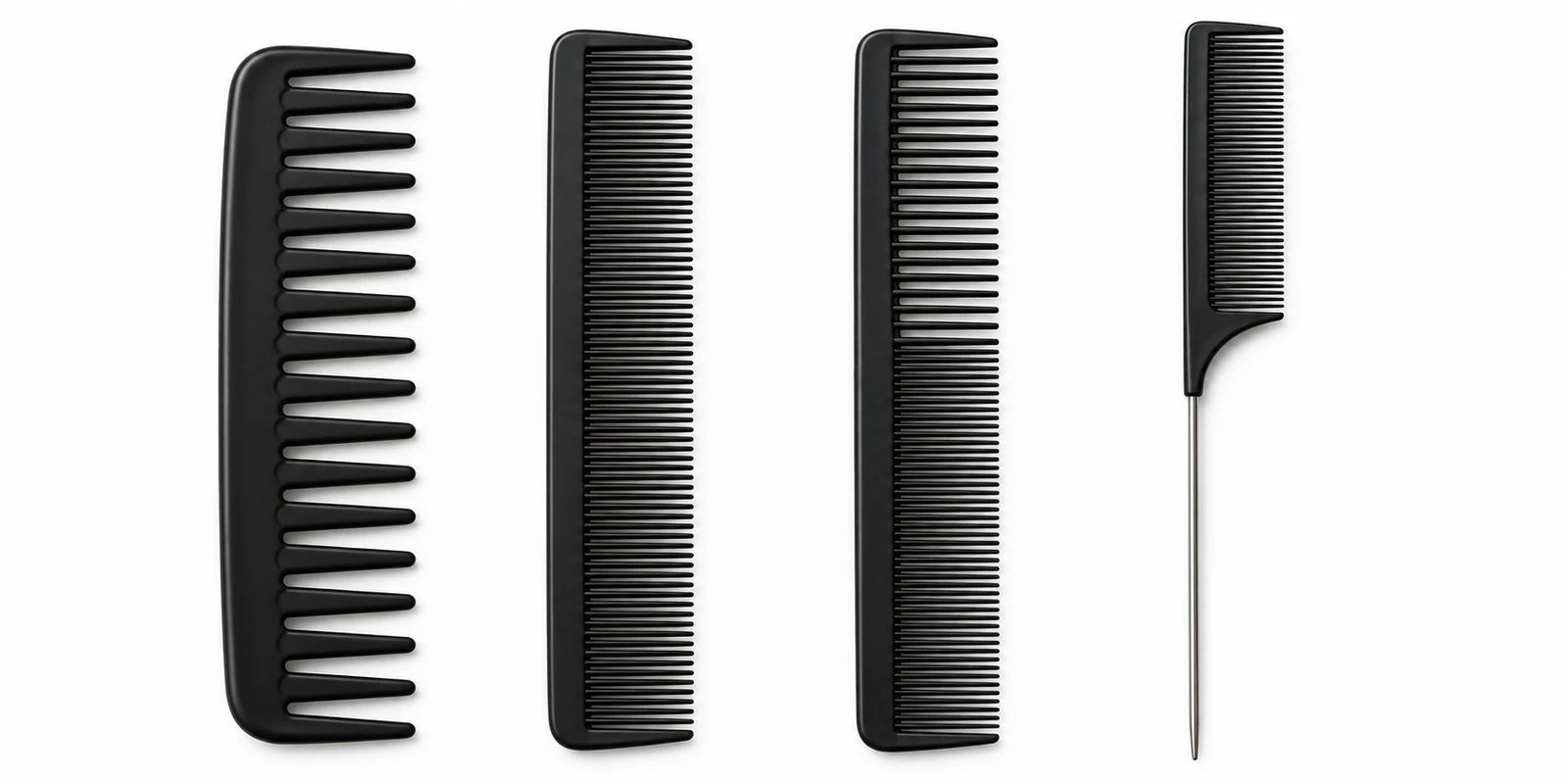 The four essential professional combs including wide-tooth fine-tooth all-purpose styling and rat-tail combs