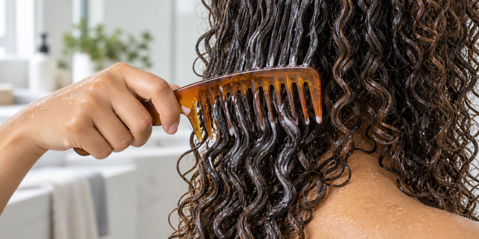 Curl defining comb used on wet product-coated curly hair to create clumped curl definition