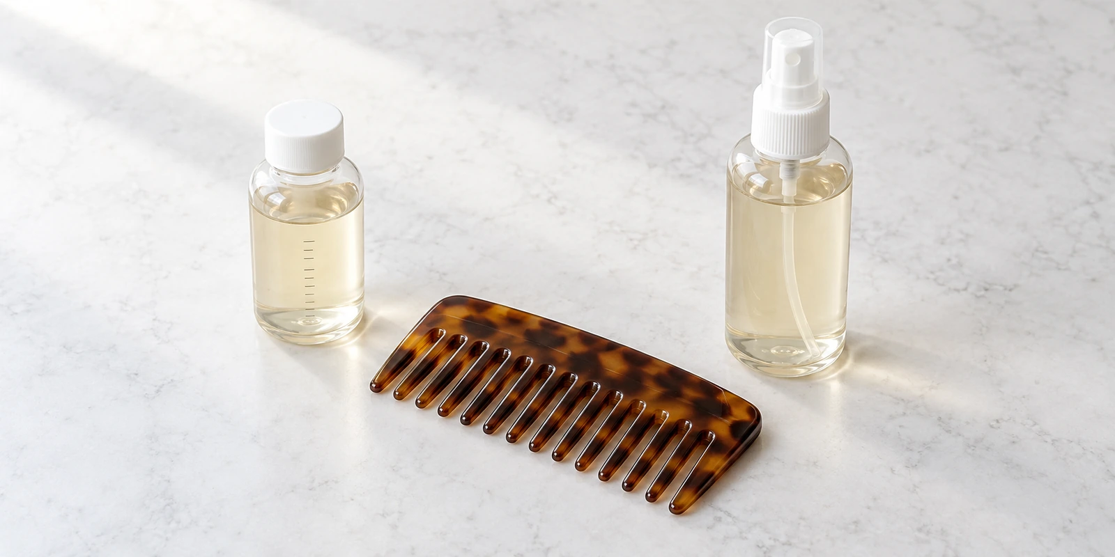 Diluted vinegar rinse solution and wide-tooth comb arranged for a safe weekly hair care routine