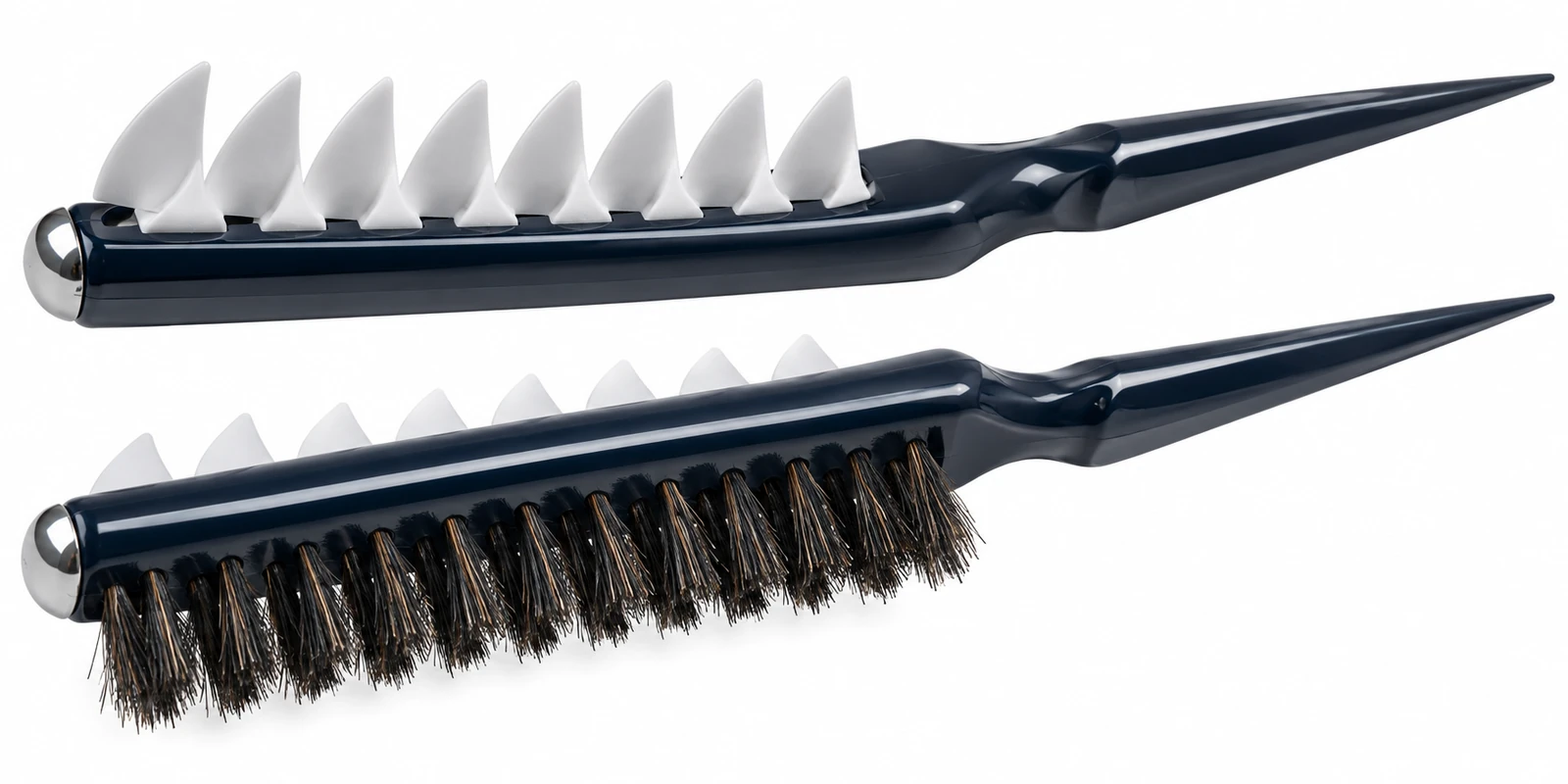 Close-up of a dual-sided comb showing the tooth and boar-bristle brush construction