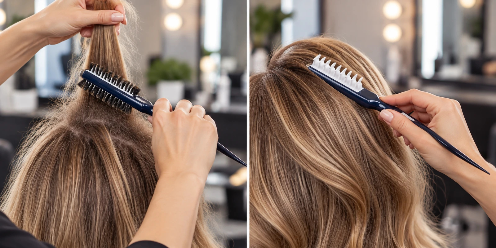 Dual-sided comb used first for root volume and then for smoothing the outer hair layer