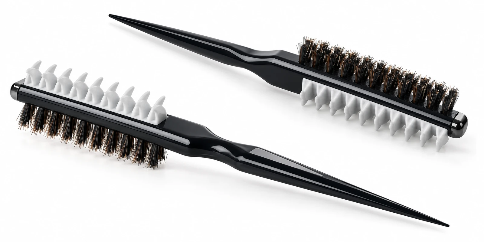 Dual-sided volume and smoothing comb showing shark-fin teeth, boar bristles and a pointed sectioning tail