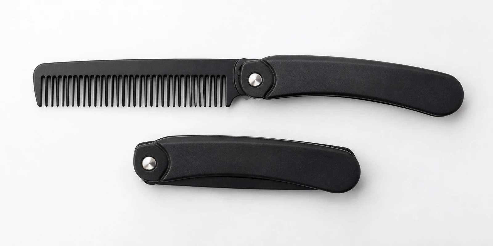 Folding pocket comb mechanism shown open and closed for travel portability and hinge durability detail
